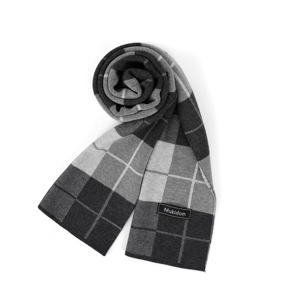 5051 Merino Wool Scarf , Winter Plaid Black and Grey Scarf Thick Warm Soft